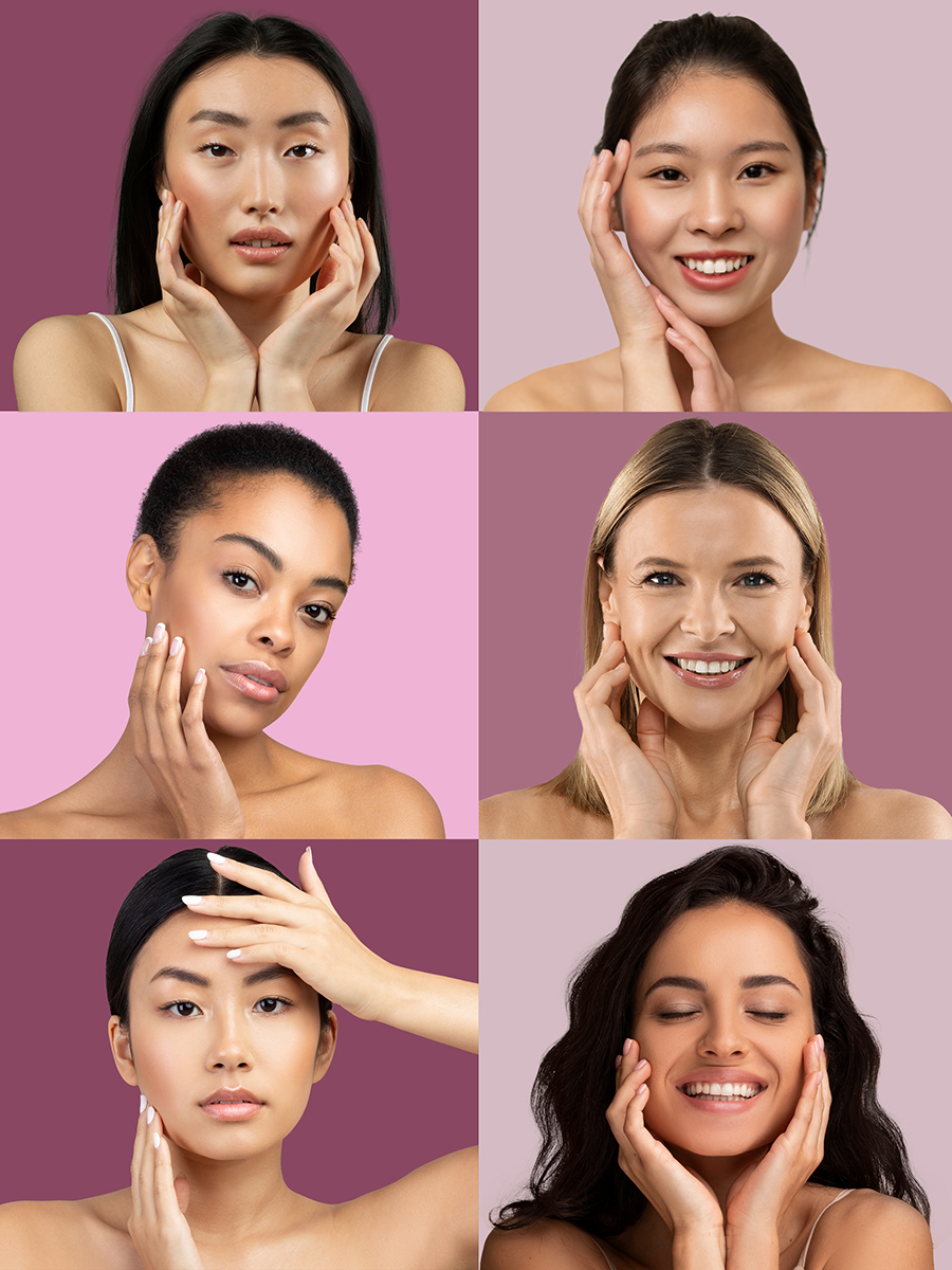 Diverse women of different ages and skin tones gently touching their faces, representing ORY Skincare botanical infusions customized for every skin type.
