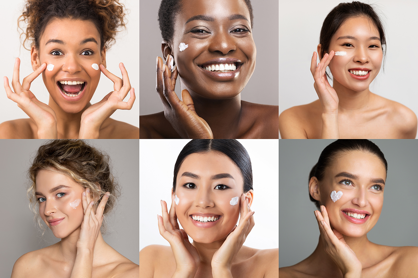 Diverse group of women with different skin tones applying facial cream, representing inclusive skincare and personalized routines for all skin types.