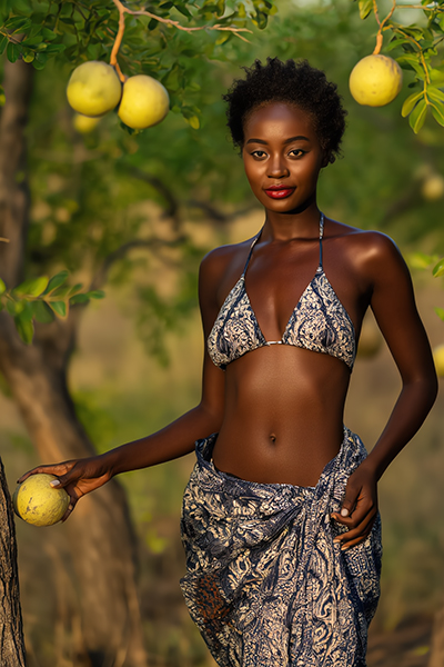 onfident woman with natural afro holding fresh marula fruit in lush marula tree grove, illustrating the antioxidant-rich Marula Oil in Oryskincare's hydrating skincare products for nourished, youthful, and glowing skin.