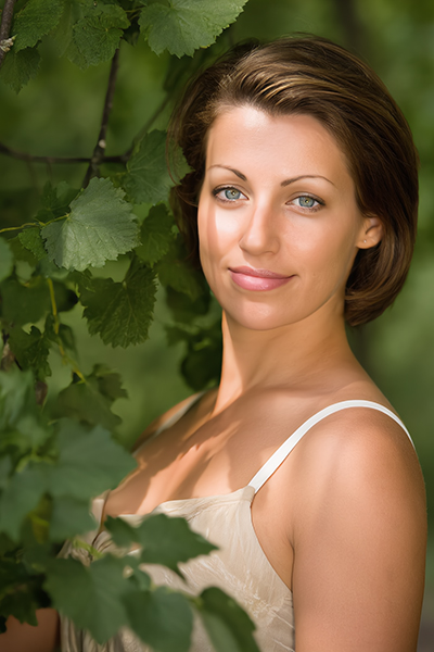 Woman with clear, balanced skin standing among green leaves, representing Witch Hazel Extract used in ORY Skincare for soothing, toning, and refining pores.