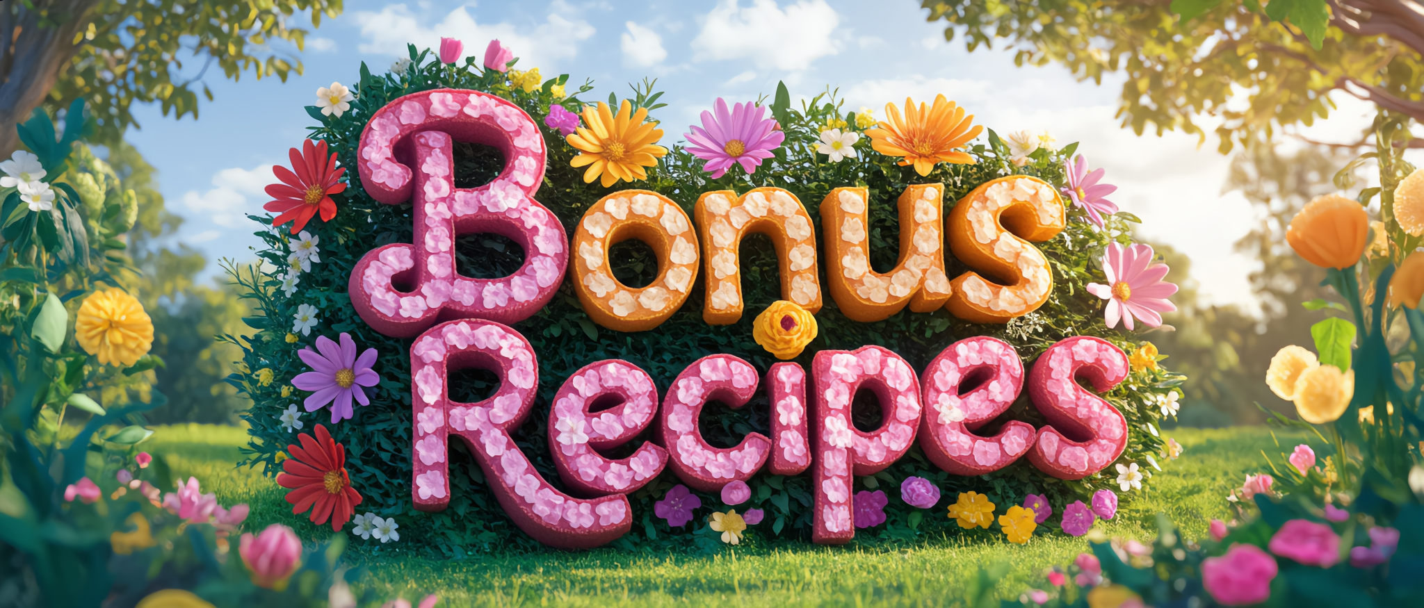 Botanical “Bonus Recipes” sign formed from flowers and greenery in a garden setting, representing ORY Skincare’s natural DIY skincare routine enhancements.