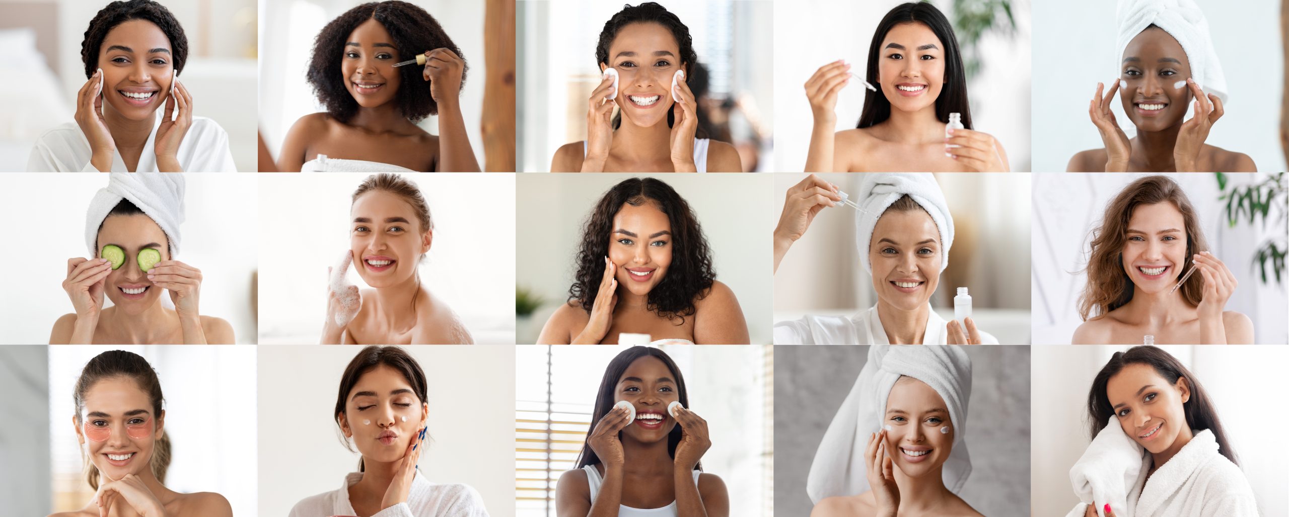Diverse women of different ethnicities applying skincare products during daily routines, demonstrating emulsifier-based creams, serums, oils, and treatments for balanced, healthy skin.
