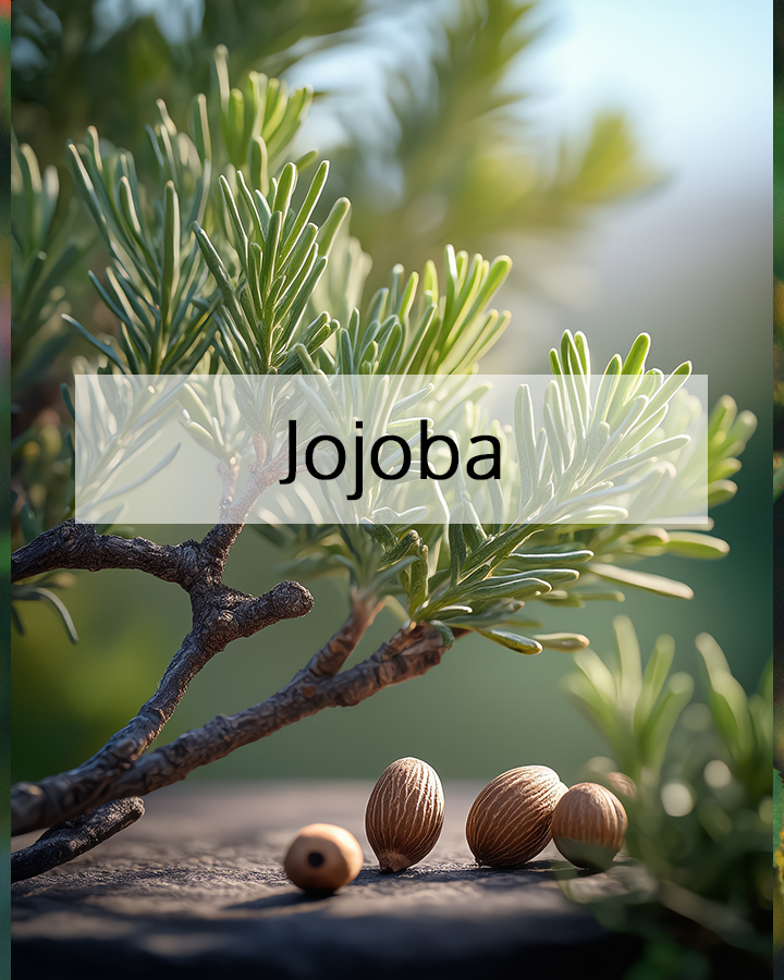 Jojoba plant branch with green leaves and jojoba seeds resting on a natural surface, symbolizing ORY Skincare’s use of jojoba as a skin-balancing botanical ingredient.