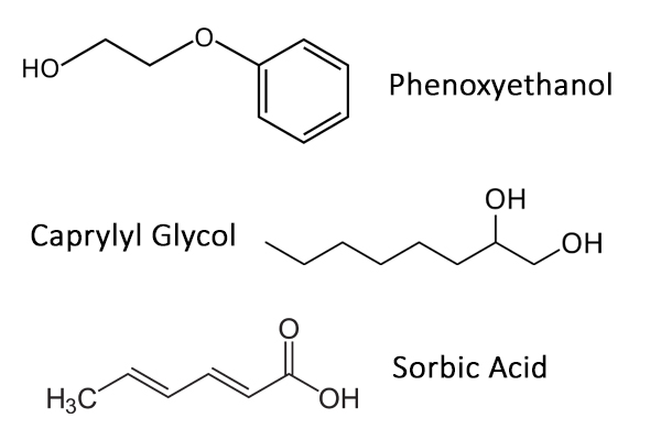 Chemical structures of Phenoxyethanol, Caprylyl Glycol, and Sorbic Acid, components of Optiphen Plus preservative blend in Oryskincare's safe, effective skincare products for extended shelf life and gentle protection against microbes.