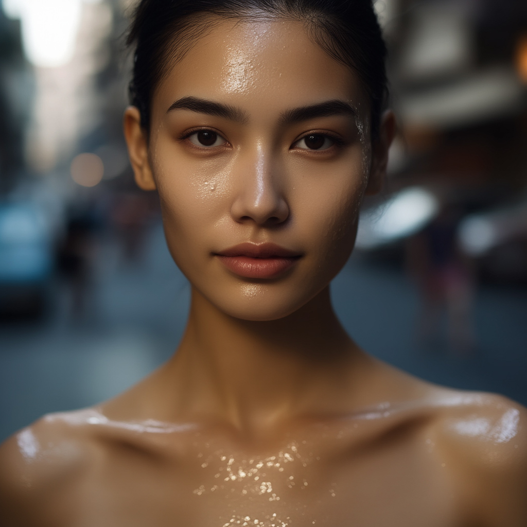 Woman with oily skin and natural shine in outdoor lighting, representing ORY Skincare’s customized oily skin treatments for balanced, clarified, and shine-controlled skin.