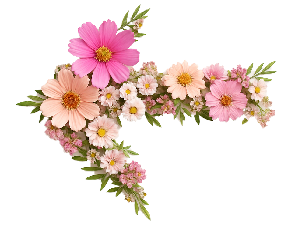 Floral left arrow icon made of pink and white botanicals, representing ORY Skincare’s nature-inspired website navigation.