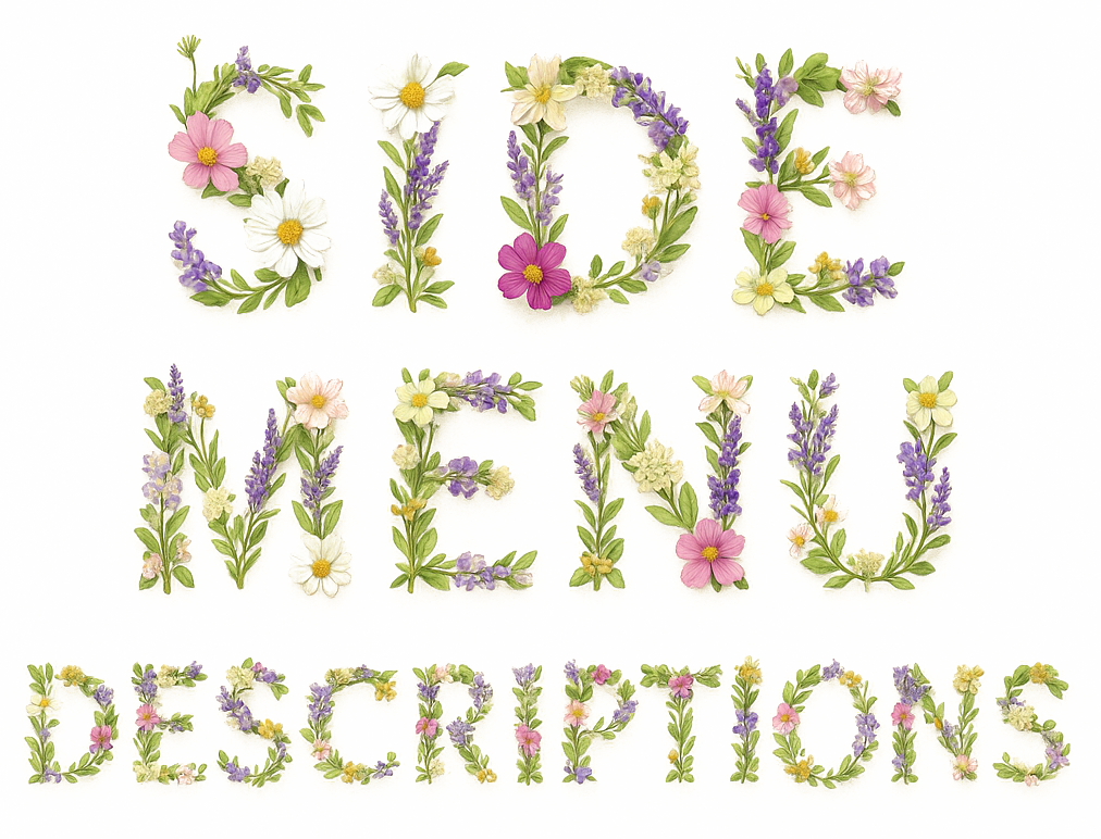 Floral typography spelling “Side Menu Description,” representing ORY Skincare’s botanical-inspired website navigation and curated informational sections.
