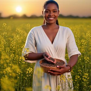 Woman in a blooming field holding seeds at sunset — natural bakuchiol skincare ingredient by ORY Skincare.