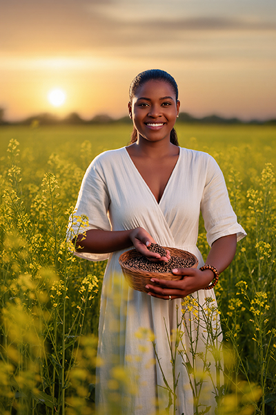 Woman in a blooming field holding seeds at sunset — natural bakuchiol skincare ingredient by ORY Skincare.