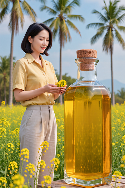 Woman in a yellow field beside a large bottle of golden oil — plant-derived emulsifier Behentrimonium Methosulfate for ORY Skincare.