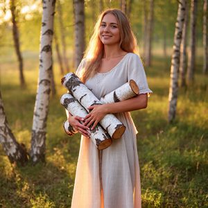Woman holding birch logs in a sunlit forest — natural birch bark extract skincare ingredient for ORY Skincare.