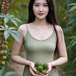Woman holding fresh castor seeds in a lush garden — natural castor oil skincare ingredient for ORY Skincare.