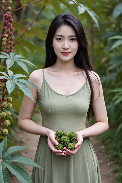 Woman holding fresh castor seeds in a lush garden — natural castor oil skincare ingredient for ORY Skincare.