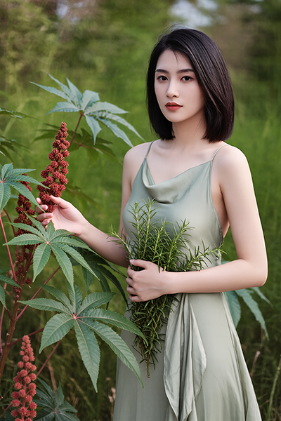 Woman holding fresh rosemary beside castor plants — natural castor rosemary oil skincare ingredient for ORY Skincare.