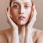 Woman highlighting T-zone and dry areas on face — ORY Skincare balancing cleanser for combination skin.