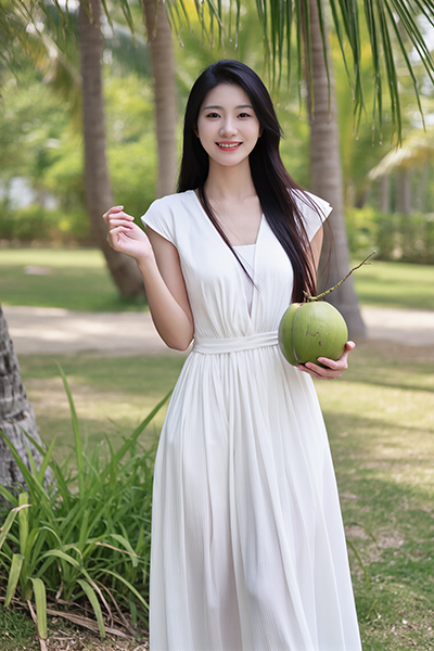 Woman holding a fresh coconut in a tropical garden — natural coconut oil skincare ingredient for ORY Skincare.