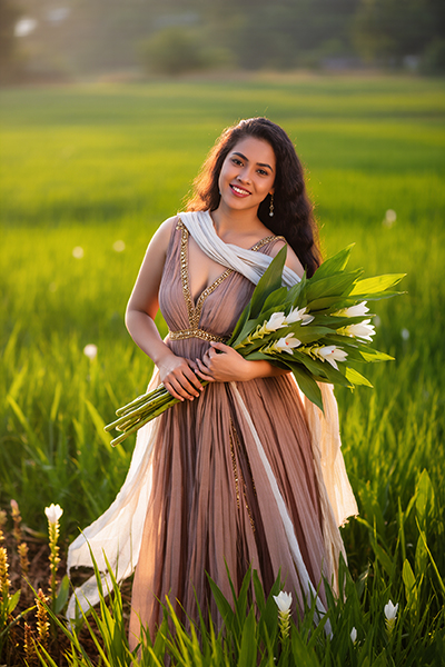 Woman holding turmeric flowers in a sunlit field — curcumin antioxidant and brightening skincare ingredient for ORY Skincare.