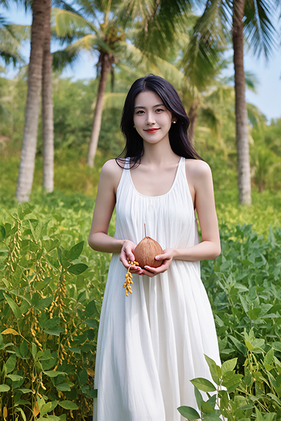 Woman in a lush botanical field holding a coconut, symbolizing the emulsifying and stabilizing benefits of Glycerol Monostearate-SE in ORY Skincare formulations.