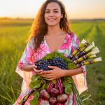 Smiling woman in floral dress holding fresh sugarcane, grapes, and beets in sunny field, symbolizing natural sources of Glycolic Acid for Oryskincare exfoliating and renewing skincare products.