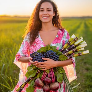 Smiling woman in floral dress holding fresh sugarcane, grapes, and beets in sunny field, symbolizing natural sources of Glycolic Acid for Oryskincare exfoliating and renewing skincare products.