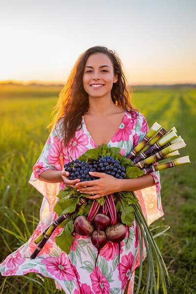 Smiling woman in floral dress holding fresh sugarcane, grapes, and beets in sunny field, symbolizing natural sources of Glycolic Acid for Oryskincare exfoliating and renewing skincare products.