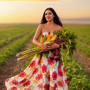 Woman in floral dress walking through sunny field holding fresh sugarcane, corn, and beets, symbolizing natural plant-derived Lactic Acid in Oryskincare's gentle exfoliating products for smoother, brighter skin.