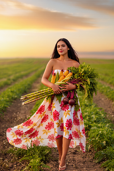 Woman in floral dress walking through sunny field holding fresh sugarcane, corn, and beets, symbolizing natural plant-derived Lactic Acid in Oryskincare's gentle exfoliating products for smoother, brighter skin.