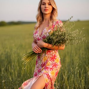 Smiling blonde woman in colorful floral dress holding bundle of fresh oat stalks in sunny green field, symbolizing the soothing Oat Extract in Oryskincare's gentle skincare products for calmed, hydrated, and protected sensitive skin.