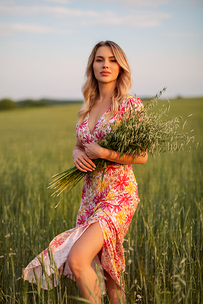 Smiling blonde woman in colorful floral dress holding bundle of fresh oat stalks in sunny green field, symbolizing the soothing Oat Extract in Oryskincare's gentle skincare products for calmed, hydrated, and protected sensitive skin.