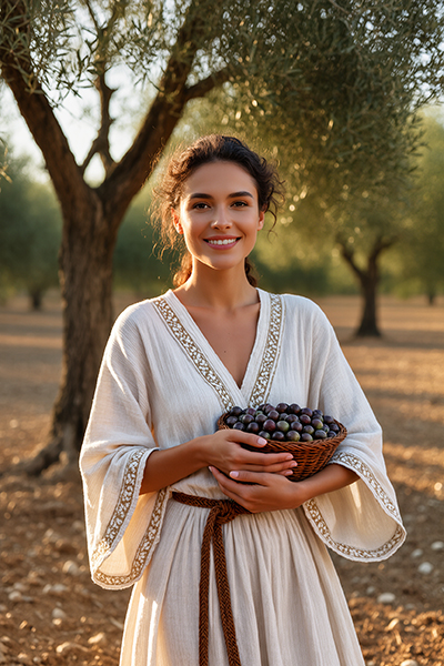 Smiling woman in embroidered white dress holding basket of fresh olives in sunny olive grove, embodying the antioxidant-rich Olive Leaf Extract in Oryskincare's protective skincare products for soothed, firm, and radiant skin.