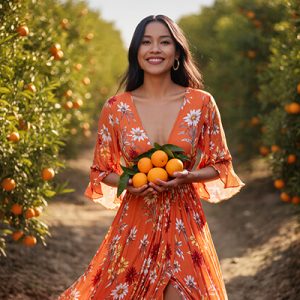 Smiling woman in vibrant orange floral dress holding fresh oranges in sunny citrus orchard, symbolizing the uplifting Orange Essential Oil in Oryskincare's brightening skincare products for radiant, acne-free, and hydrated skin.