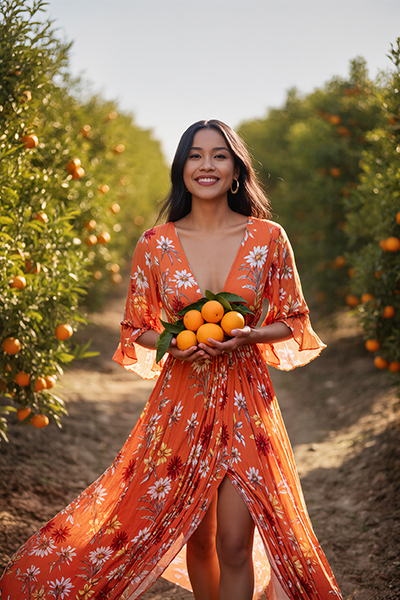 Smiling woman in vibrant orange floral dress holding fresh oranges in sunny citrus orchard, symbolizing the uplifting Orange Essential Oil in Oryskincare's brightening skincare products for radiant, acne-free, and hydrated skin.