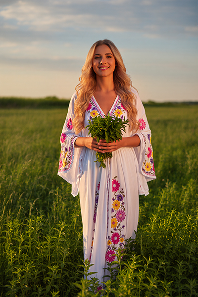 Smiling woman in embroidered white dress holding fresh peppermint bouquet in sunny green field, embodying the cooling Peppermint Essential Oil in Oryskincare's invigorating skincare products for refreshed, soothed, and clear skin.