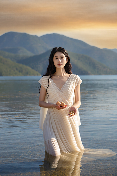 Serene woman in flowing white dress kneeling in tranquil lake holding eggs, symbolizing protein-rich sources of Peptides in Oryskincare's anti-aging skincare products for firmer, repaired, and youthful skin.