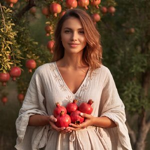 Elegant woman in beige embroidered dress holding fresh red pomegranates in lush pomegranate orchard at sunset, symbolizing the antioxidant-packed Pomegranate Extract in Oryskincare's rejuvenating skincare products for brightened, protected, and youthful skin.