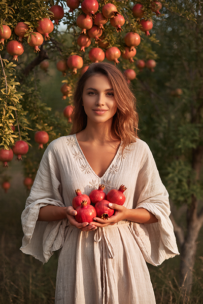 Elegant woman in beige embroidered dress holding fresh red pomegranates in lush pomegranate orchard at sunset, symbolizing the antioxidant-packed Pomegranate Extract in Oryskincare's rejuvenating skincare products for brightened, protected, and youthful skin.