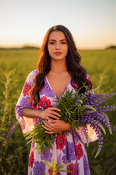 Woman holding fresh herbs in a field, symbolizing retinol as an ORY Skincare ingredient known for supporting skin renewal and smoother-looking complexion.