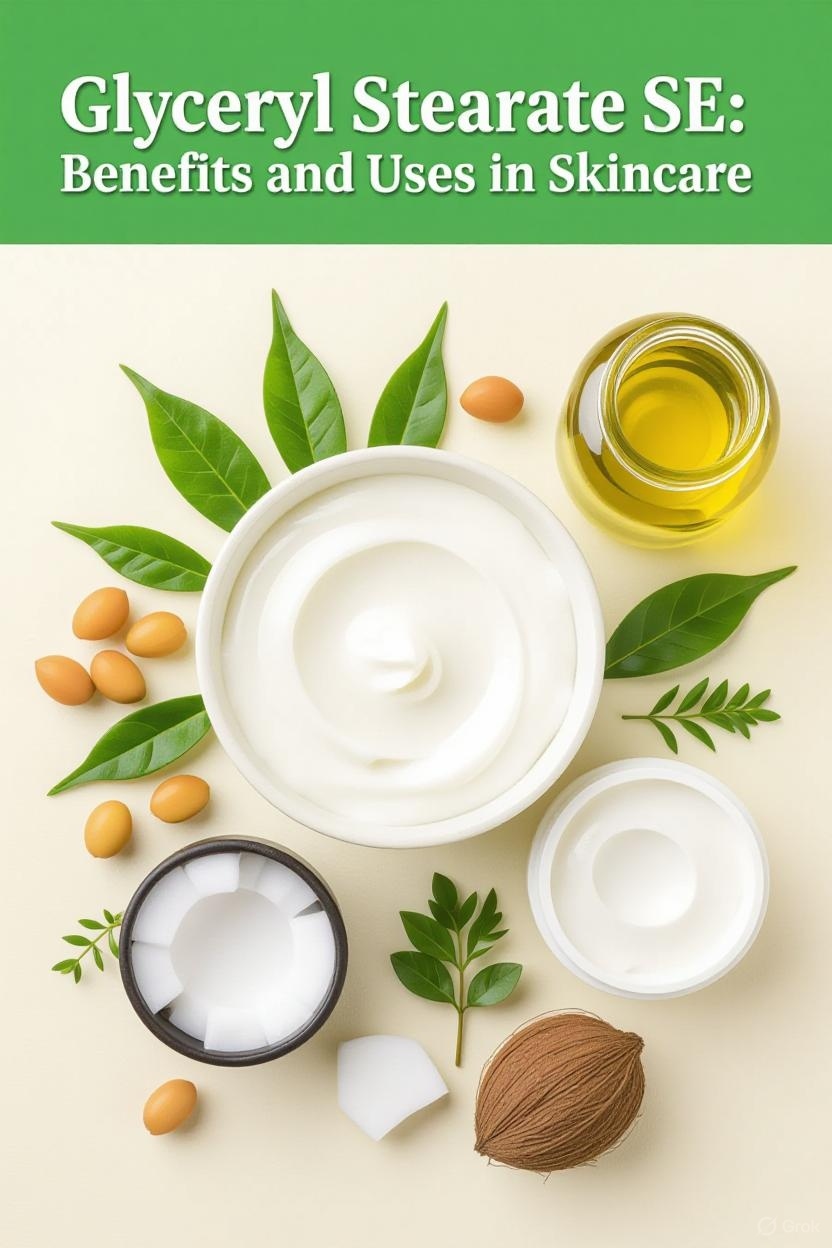 Cream and botanical ingredients arranged to represent glycerol monostearate SE, a self-emulsifying ORY Skincare ingredient used to stabilize and soften skincare formulations.