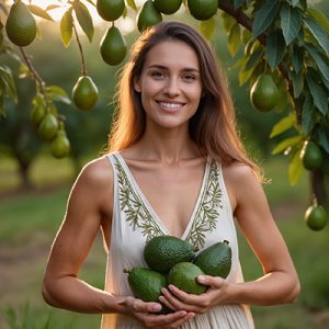 Woman holding fresh avocados under an avocado tree — natural avocado oil skincare ingredient for ORY Skincare.