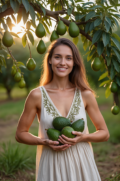 Woman holding fresh avocados under an avocado tree — natural avocado oil skincare ingredient for ORY Skincare.