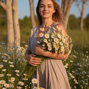 Woman holding a bouquet of chamomile flowers in a sunlit field — natural bisabolol skincare ingredient for ORY Skincare.