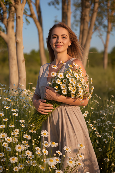 Woman holding a bouquet of chamomile flowers in a sunlit field — natural bisabolol skincare ingredient for ORY Skincare.