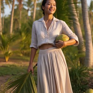 Woman holding coconuts in a tropical grove — source of caprylic/capric triglyceride used in ORY Skincare formulations.