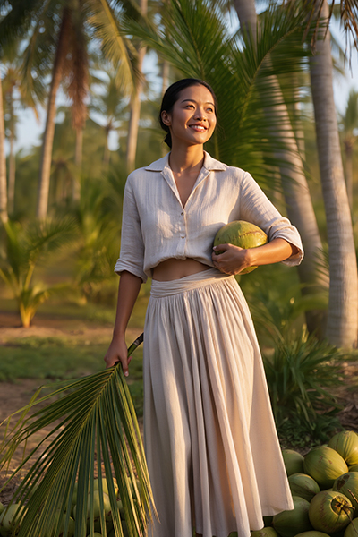Woman holding coconuts in a tropical grove — source of caprylic/capric triglyceride used in ORY Skincare formulations.
