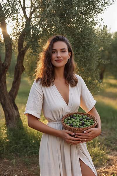 Woman holding a basket of olives in an orchard — olive-derived Cetearyl Olivate emulsifier for ORY Skincare.
