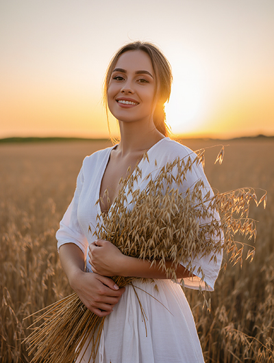 Woman in an oat field holding fresh oats at sunset — soothing colloidal oat skincare ingredient for ORY Skincare.