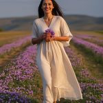 Woman walking through a purple crocus field holding saffron flowers — crocin antioxidant skincare ingredient for ORY Skincare.