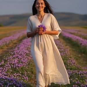 Woman walking through a purple crocus field holding saffron flowers — crocin antioxidant skincare ingredient for ORY Skincare.