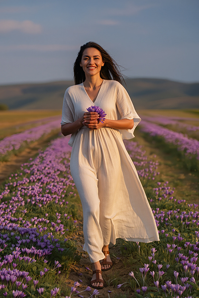 Woman walking through a purple crocus field holding saffron flowers — crocin antioxidant skincare ingredient for ORY Skincare.