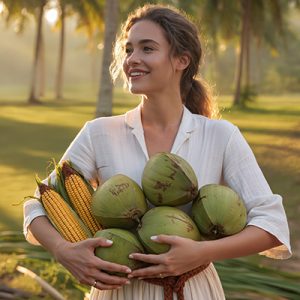 Woman standing in a tropical grove holding coconuts and corn, representing ORY Skincare’s use of decyl glucoside, a mild plant-derived cleanser made from sugars and fatty alcohols for gentle skin cleansing.